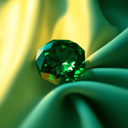 Close-up of a glowing deep green emerald gemstone resting on soft, rich-toned fabric, showcasing timeless elegance and luxury.