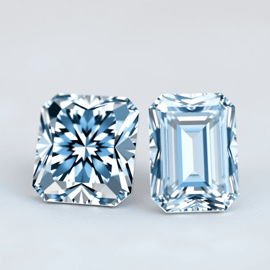 Close-up of two sparkling diamonds, one radiant cut and one emerald cut, on a soft neutral background showcasing their unique shapes and light reflections.