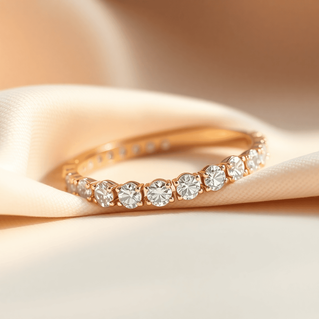Close-up of a sparkling lab-grown diamond bracelet on soft fabric, highlighted by natural light showcasing its brilliance and elegance.