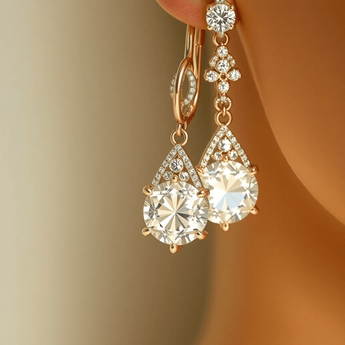 Close-up of elegant diamond earrings with secure clasps sparkling under soft light on a smooth, neutral background highlighting their craftsmanship and luxury.