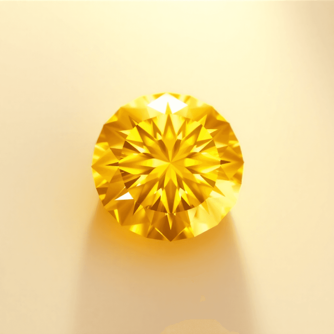 Close-up of a sparkling yellow diamond with warm golden hues against a soft, elegant background, highlighting its brilliance and rich color.