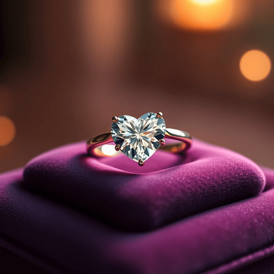 A sparkling heart-shaped diamond ring on a velvet cushion with soft glowing light enhancing its brilliance.