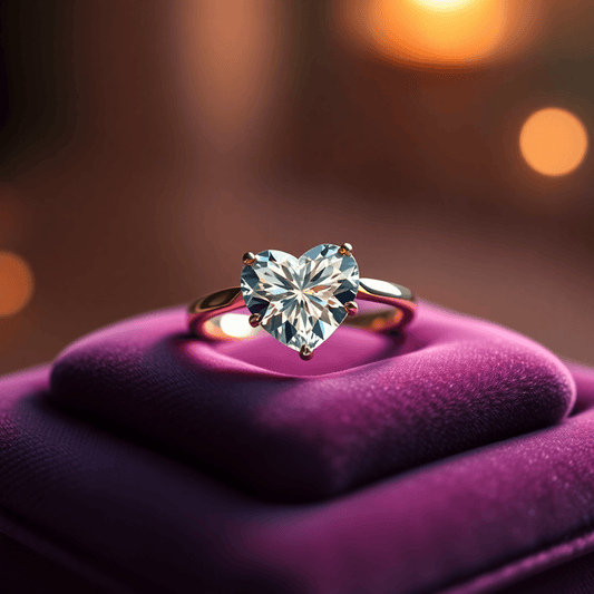 A sparkling heart-shaped diamond ring on a velvet cushion with soft glowing light enhancing its brilliance.