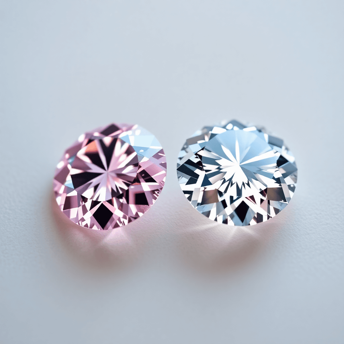 Close-up of two sparkling diamonds side by side on a soft background, one glowing pink and the other bright white, highlighting their beauty and contrast.
