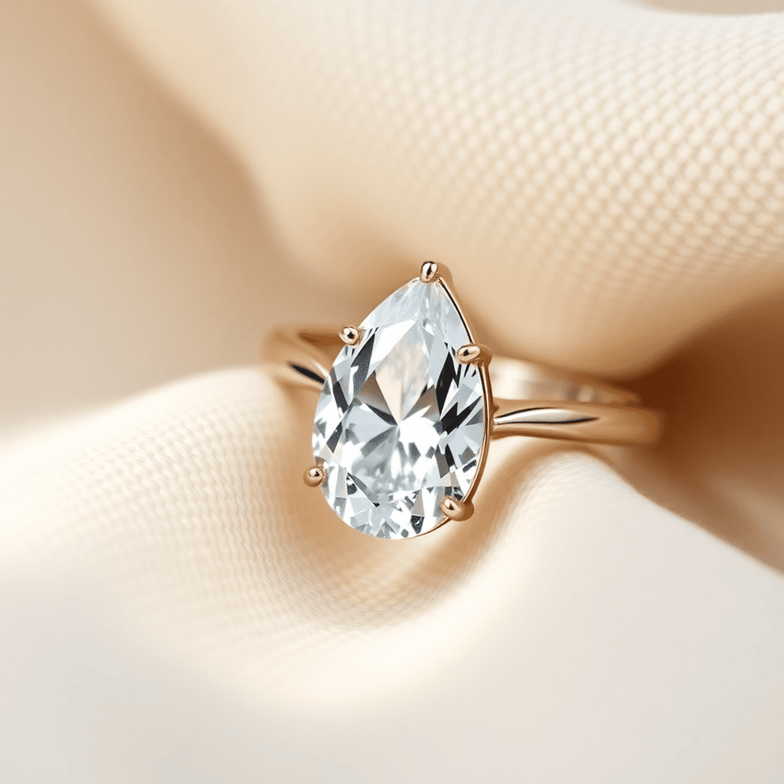 Close-up of a sparkling pear-shaped diamond ring on soft neutral fabric, showcasing the gem's brilliance and delicate curves with gentle natural lighting.