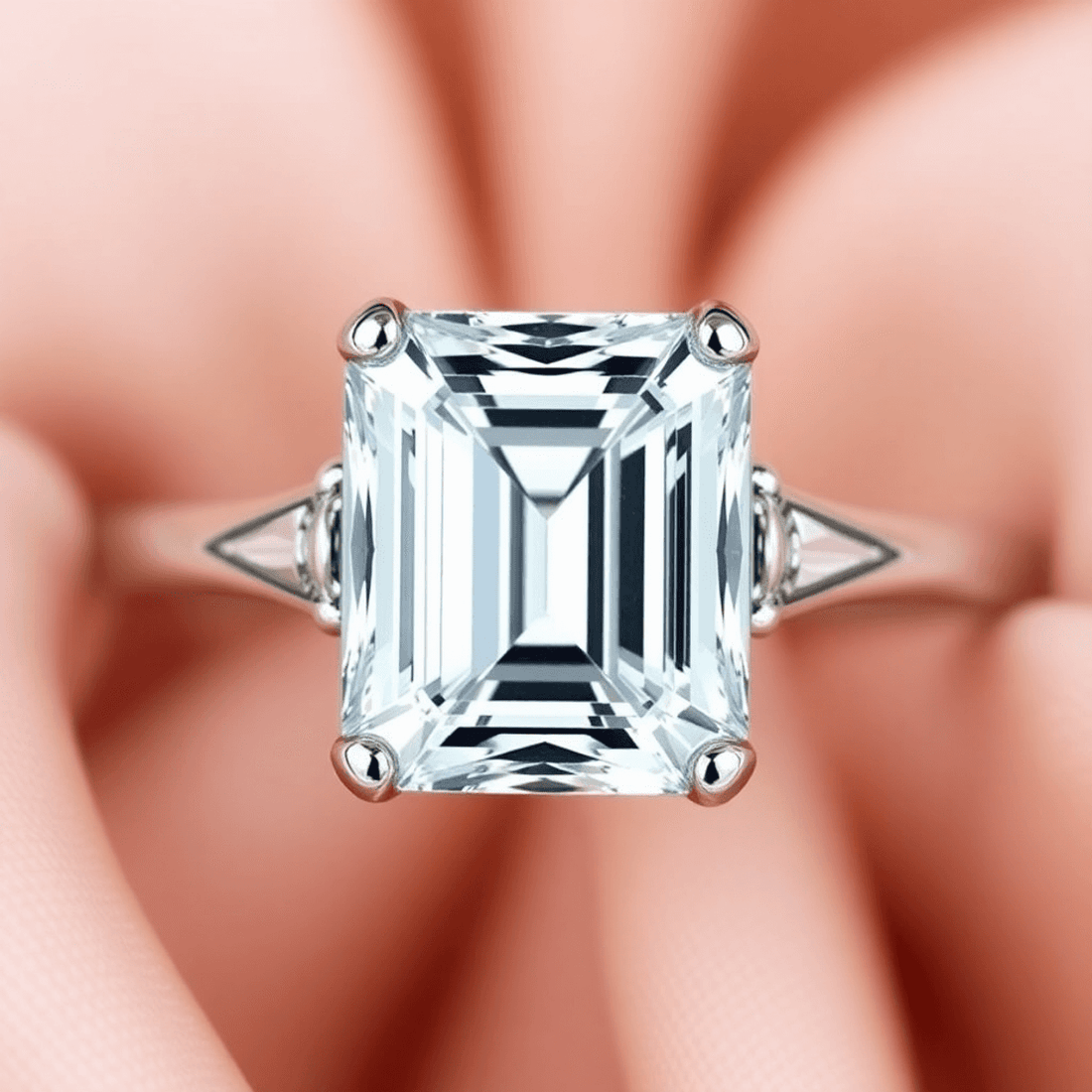 Close-up of a sparkling emerald cut diamond engagement ring with clean geometric lines on a soft, elegant background.