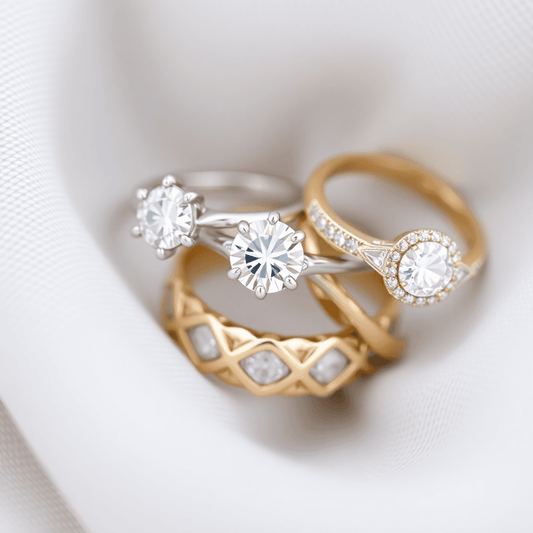 Close-up of elegant diamond engagement rings and wedding bands in white and yellow gold on soft fabric, symbolizing love and commitment.