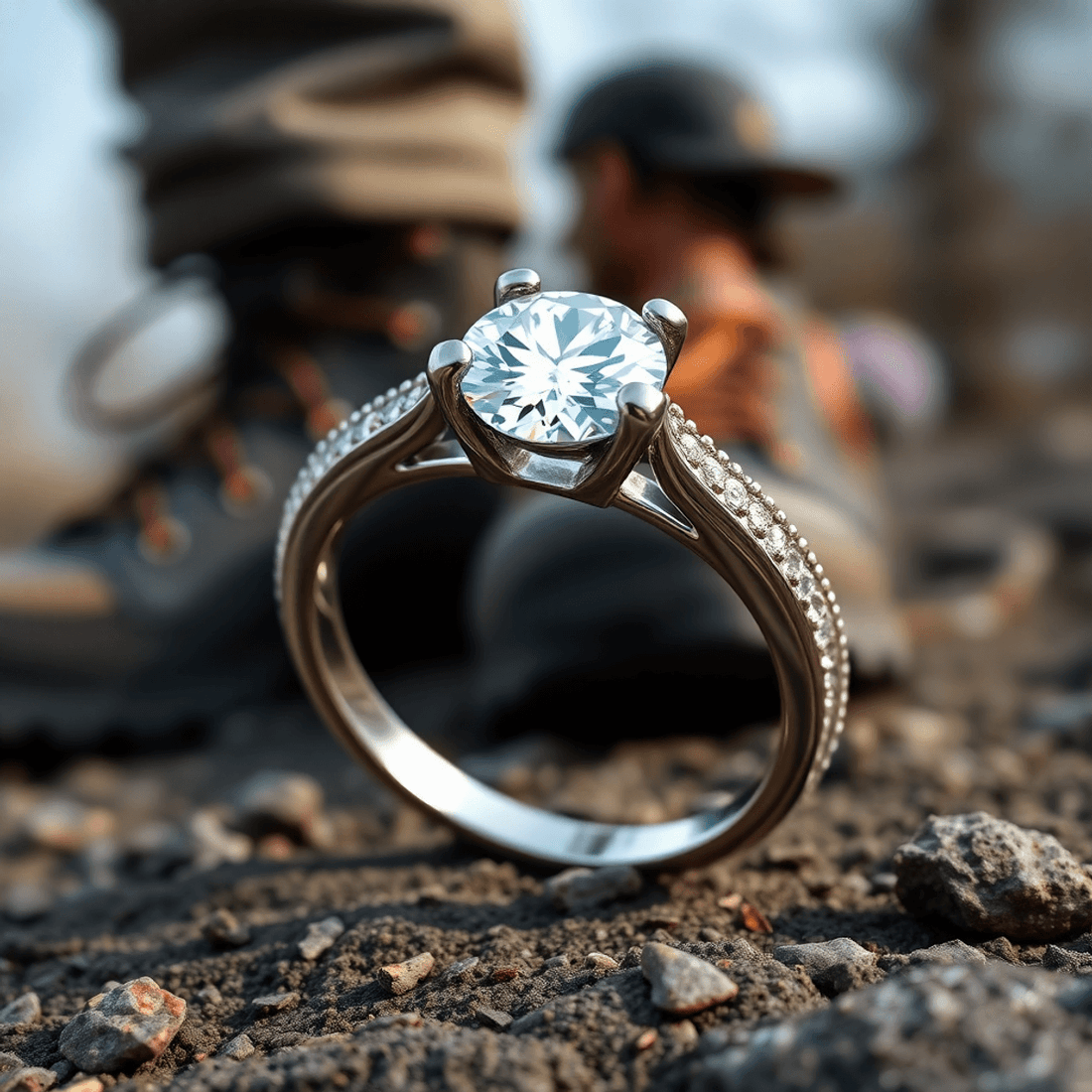 Close-up of a durable, elegant diamond engagement ring with blurred hiking boots and climbing gear in a natural outdoor setting.