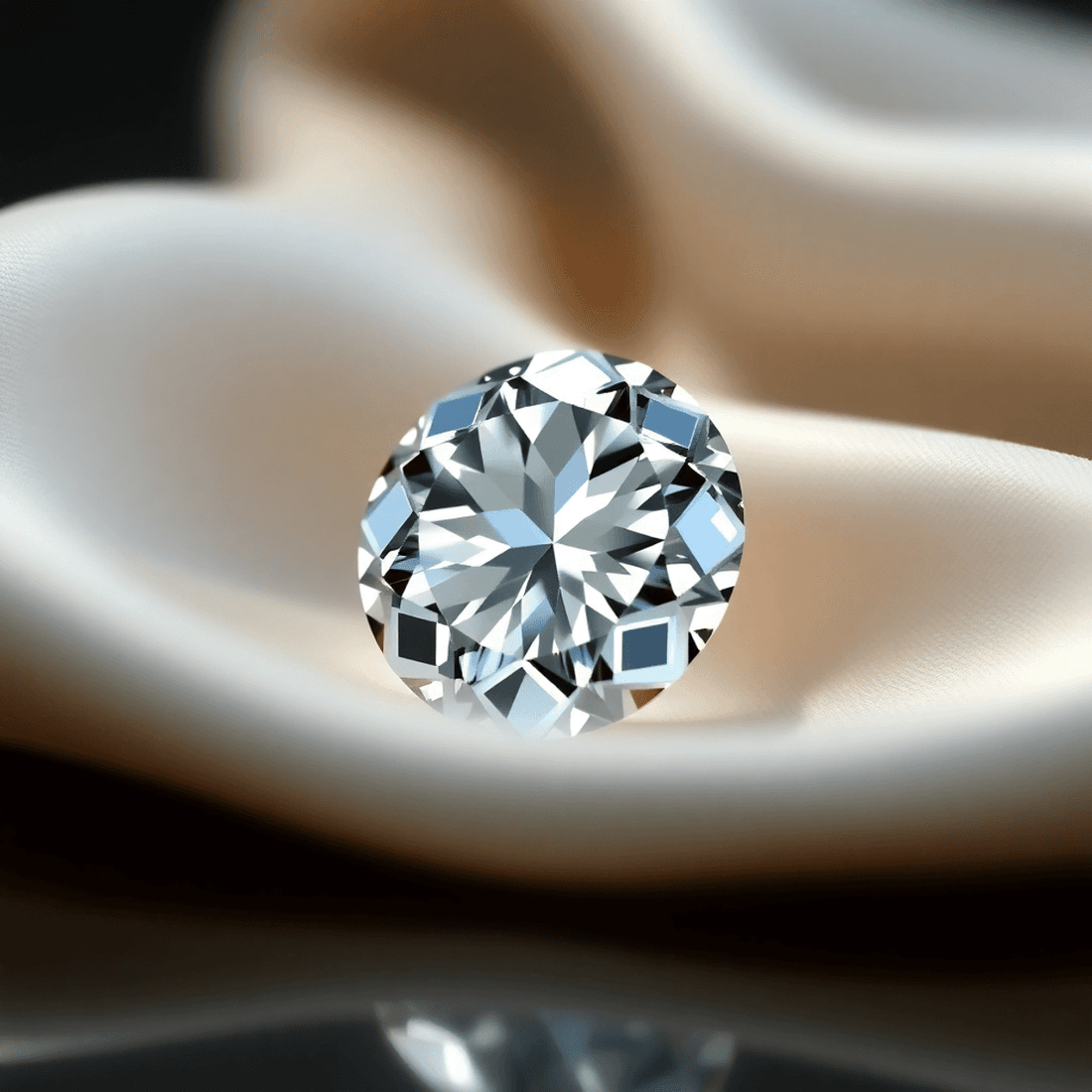 Close-up of a sparkling oval cut diamond on a soft surface, with light reflections enhancing its brilliance and facets.