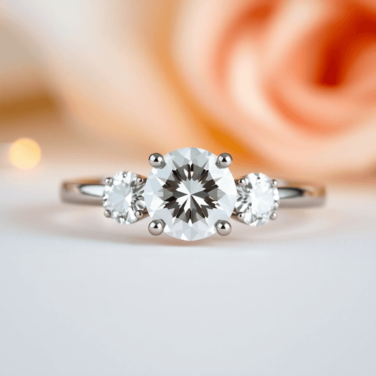 Close-up of a three-stone engagement ring with a large central diamond and two smaller side diamonds, softly lit to highlight their sparkle.