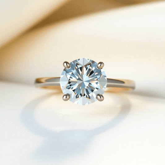 Close-up of a sparkling diamond ring with gold and platinum accents on a soft, elegant background highlighting its clarity and luxury.