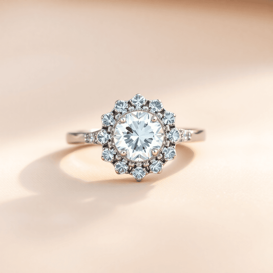 Close-up of a sparkling halo diamond ring in white gold, glowing softly on a neutral, luxurious background.