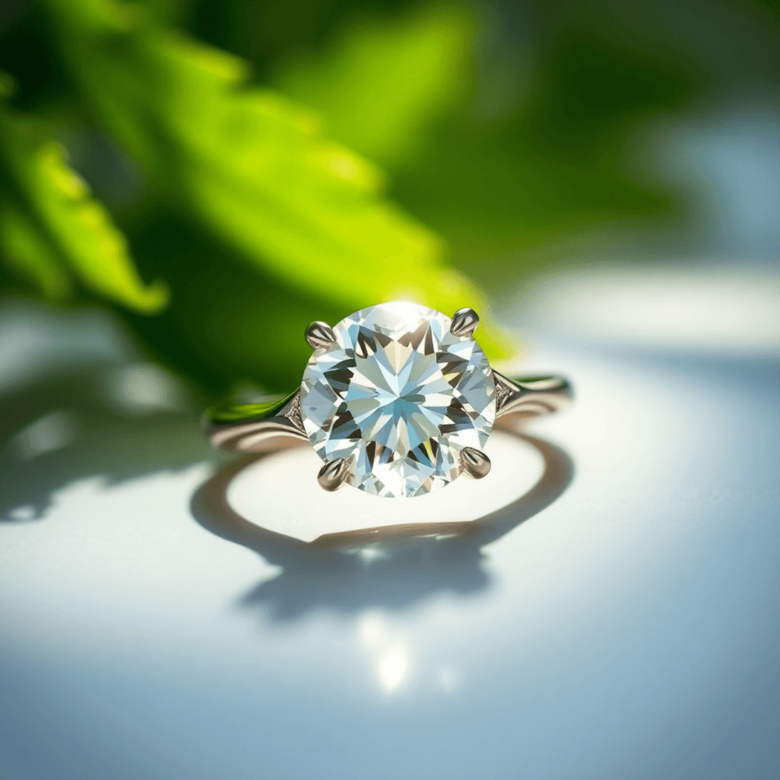 Close-up of a sparkling diamond ring on a smooth surface with soft light and green leaves in the background, symbolizing luxury and eco-friendliness.