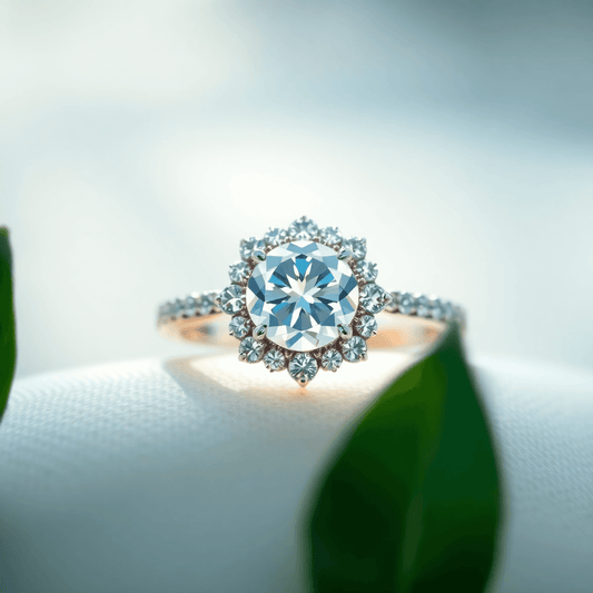 Close-up of a sparkling halo diamond ring with a glowing centerpiece, set against a soft background with green leaves and gentle light rays.