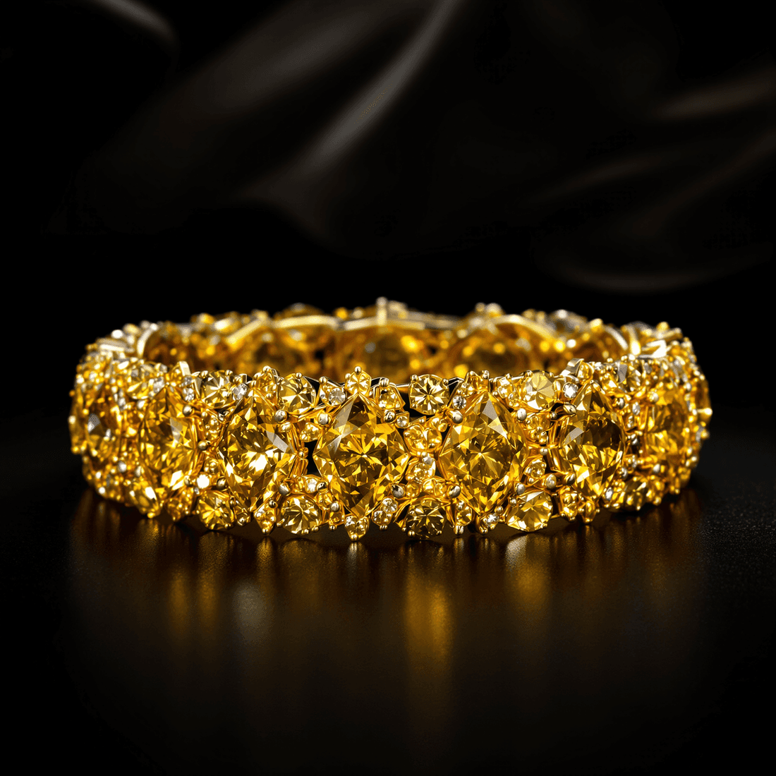 Close-up of a sparkling yellow diamond bracelet with intricate design on a dark elegant background.