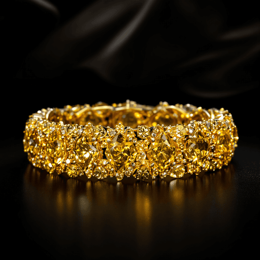 Close-up of a sparkling yellow diamond bracelet with intricate design on a dark elegant background.