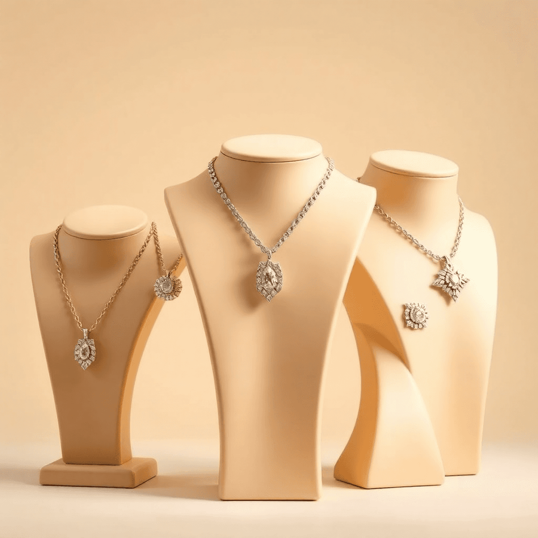 Close-up of men's diamond necklaces on abstract busts shaped like male faces, set against a neutral background with soft lighting highlighting the jewelry's spa