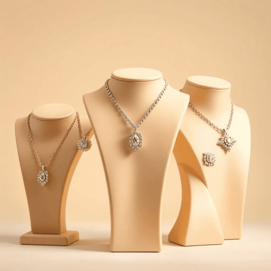 Close-up of men's diamond necklaces on abstract busts shaped like male faces, set against a neutral background with soft lighting highlighting the jewelry's spa