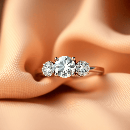 Close-up of an elegant three-stone diamond ring on soft fabric, with warm lighting highlighting the sparkling diamonds in a romantic, timeless setting.