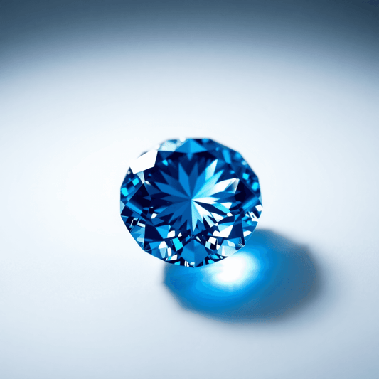 Close-up of a sparkling blue diamond with an intricate cut reflecting light in shades of blue against a soft, blurred background.