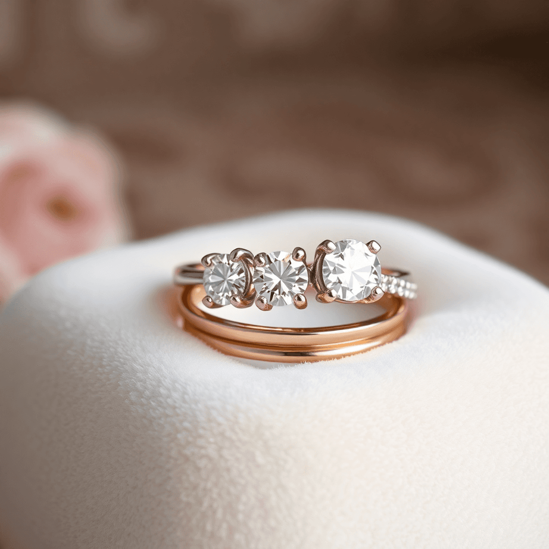 Close-up of diamond engagement ring and matching wedding band on velvet, featuring mixed white and rose gold bands with sparkling diamonds.