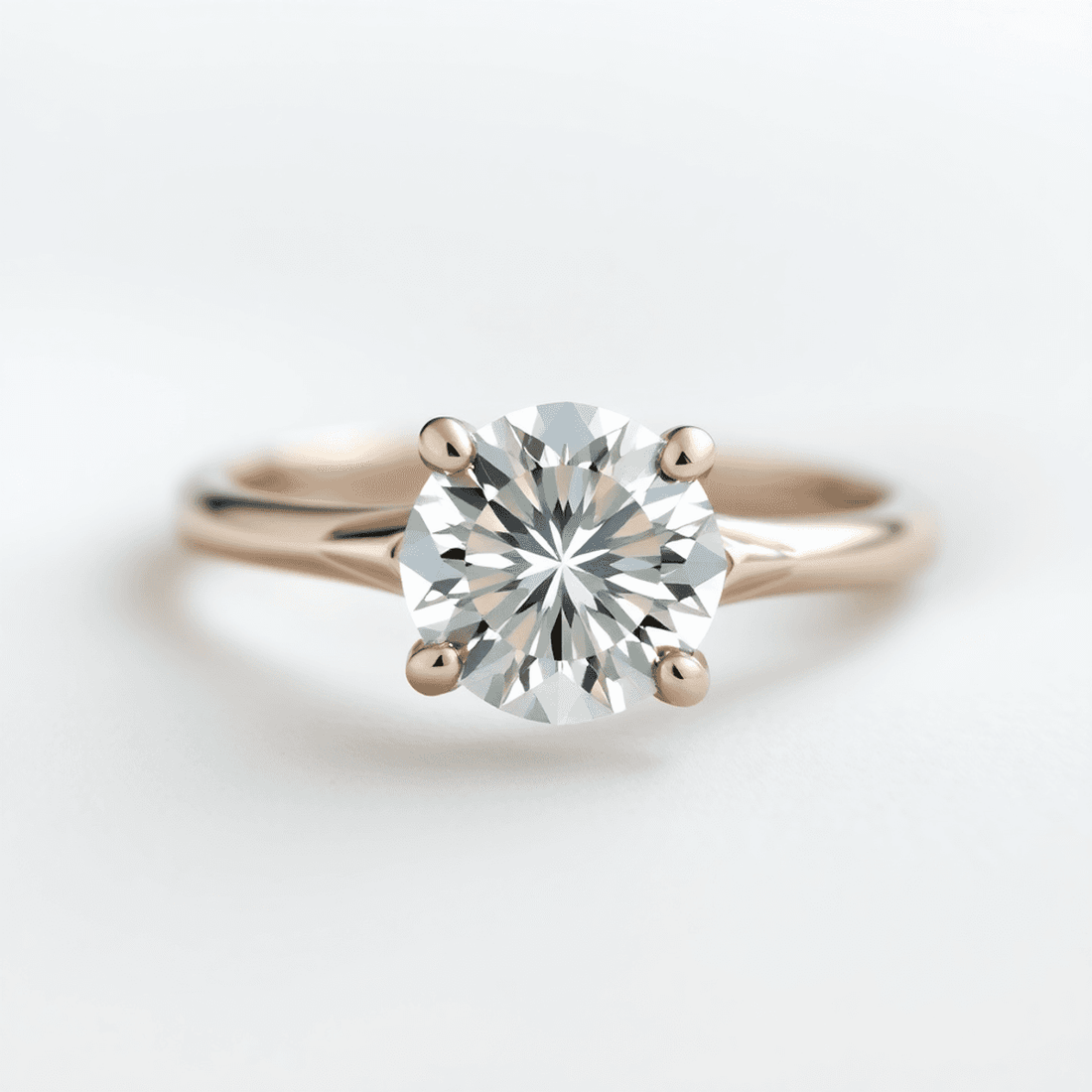 Close-up of a sparkling brilliant-cut diamond engagement ring on a soft, elegant surface highlighting its shine and clarity.