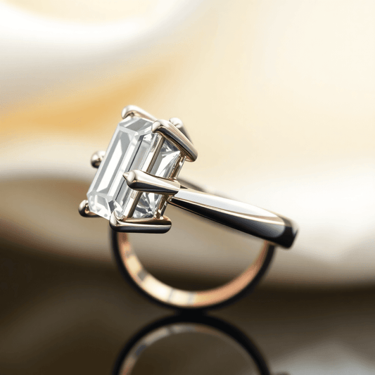 Close-up side view of a baguette cut diamond ring with geometric lines and intricate metalwork, highlighted by soft natural light against a blurred elegant back