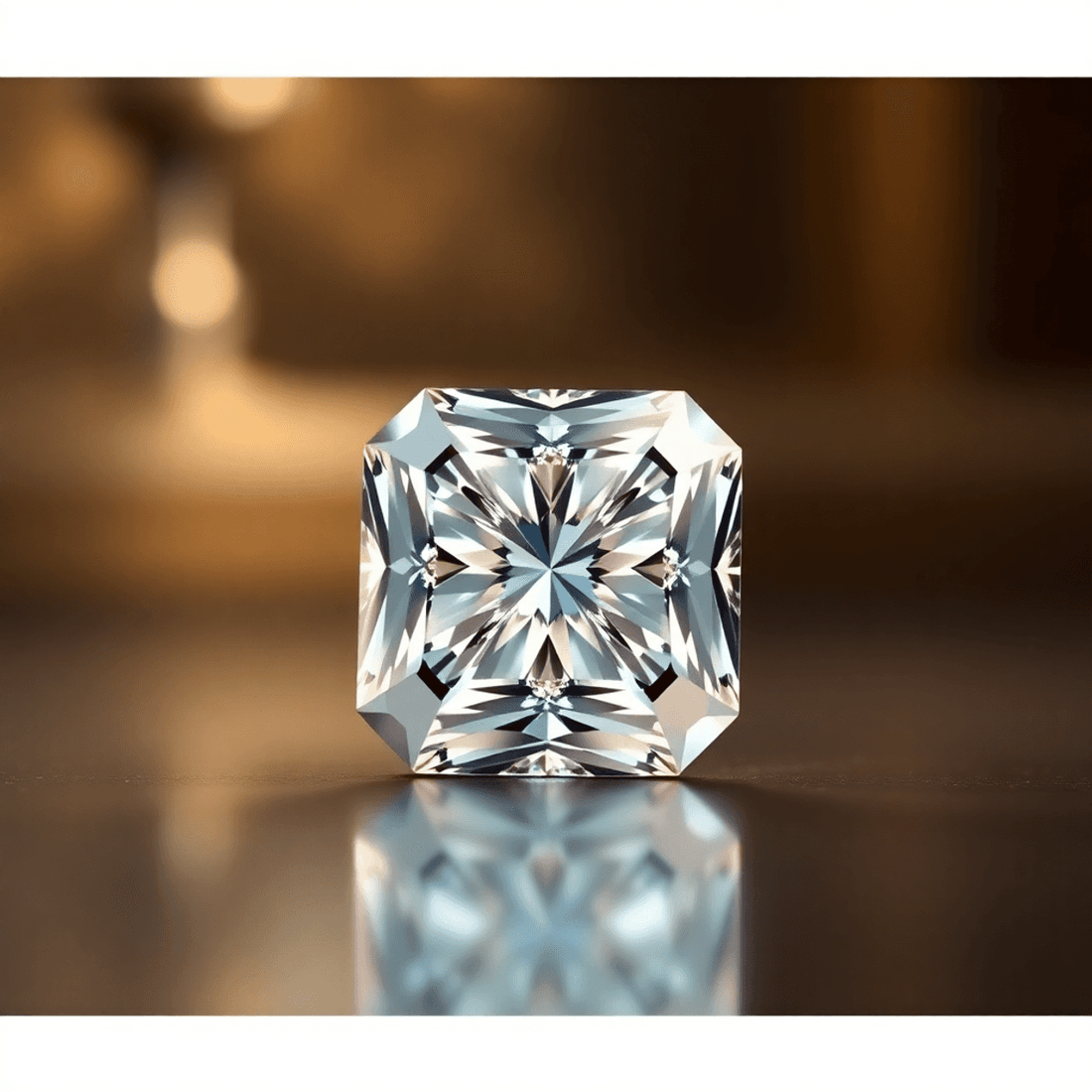 Close-up of a sparkling Asscher cut diamond with octagonal shape and step facets, glowing under soft vintage lighting against a blurred elegant background.