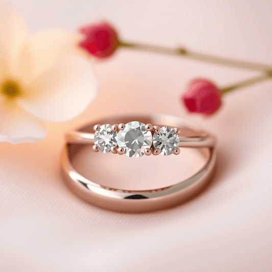 Close-up of an elegant three-stone engagement ring with sparkling gems on a soft, warm background with gentle floral accents.