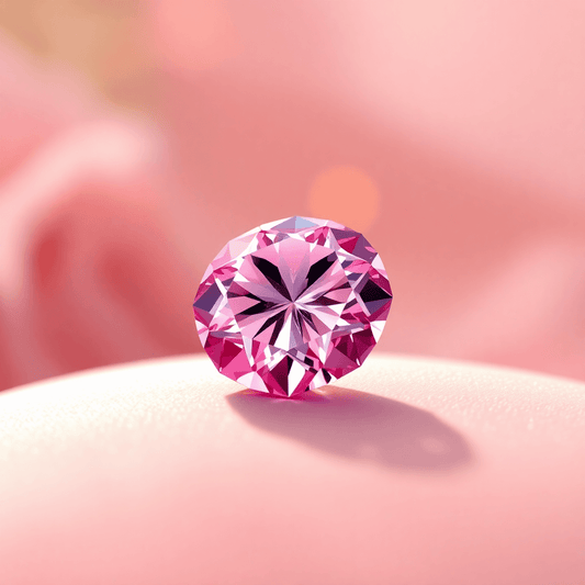 Close-up of a sparkling pink diamond on a soft surface with gentle light, surrounded by abstract shapes against a warm, blurred background.