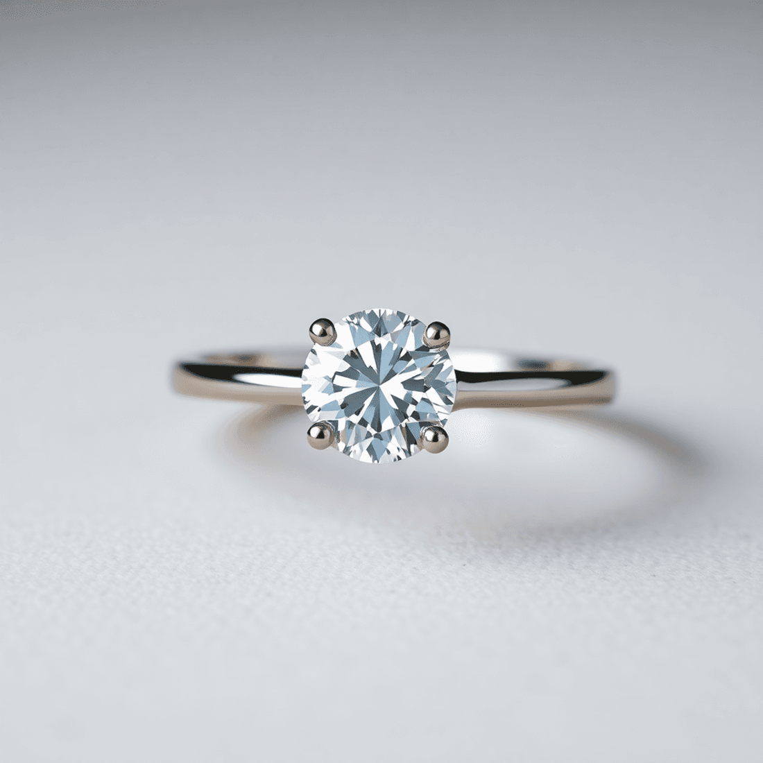 Close-up of a sparkling solitaire diamond ring with a brilliant single diamond on a simple band against a soft, neutral background.
