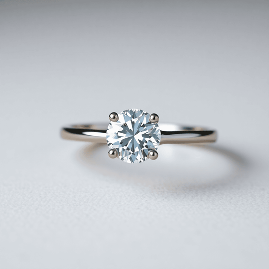 Close-up of a sparkling solitaire diamond ring with a brilliant single diamond on a simple band against a soft, neutral background.