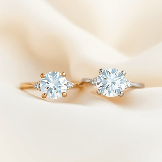 Close-up of two elegant diamond rings on soft fabric, one with a natural diamond and the other with a lab-grown diamond, showcasing their beauty.