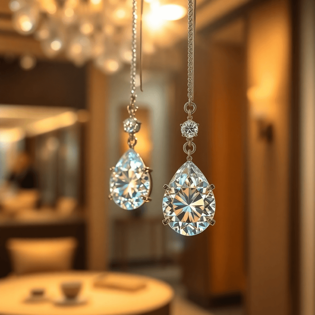 Close-up of sparkling diamond earrings glowing under soft light against a blurred warm-toned luxury showroom background.