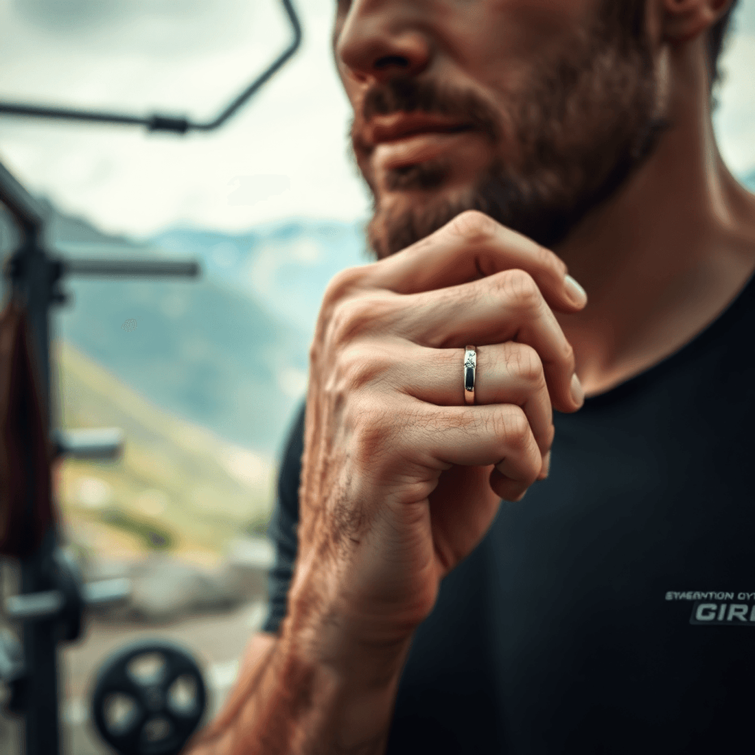 Close-up of a durable men's wedding ring on a hand outdoors with blurred mountain trails and gym equipment in the background, symbolizing strength and adventure