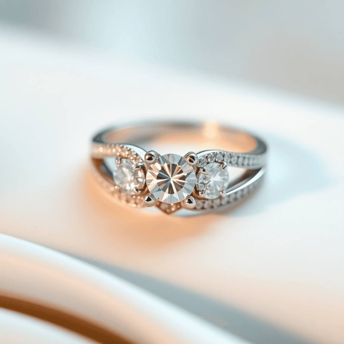 Close-up of a sparkling split shank diamond ring on a soft, elegant background highlighting its intricate design and craftsmanship.