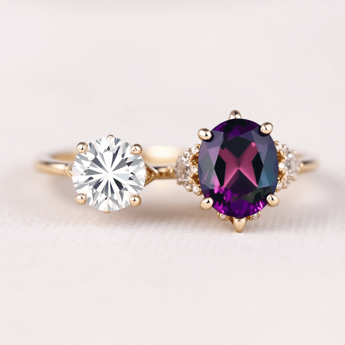 Close-up of two elegant engagement rings on a soft background, one with a brilliant diamond and the other with a vibrant colorful gemstone.