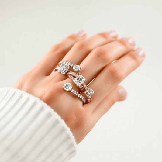 Close-up of stacked sparkling eternity rings on a hand, highlighting their intricate designs against a soft, neutral background.