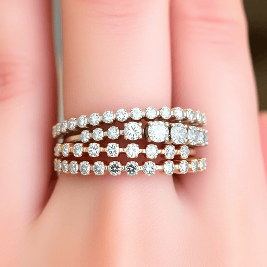 Close-up of stacked diamond eternity bands on a hand, featuring sparkling gemstones and mixed metal settings in a realistic style.