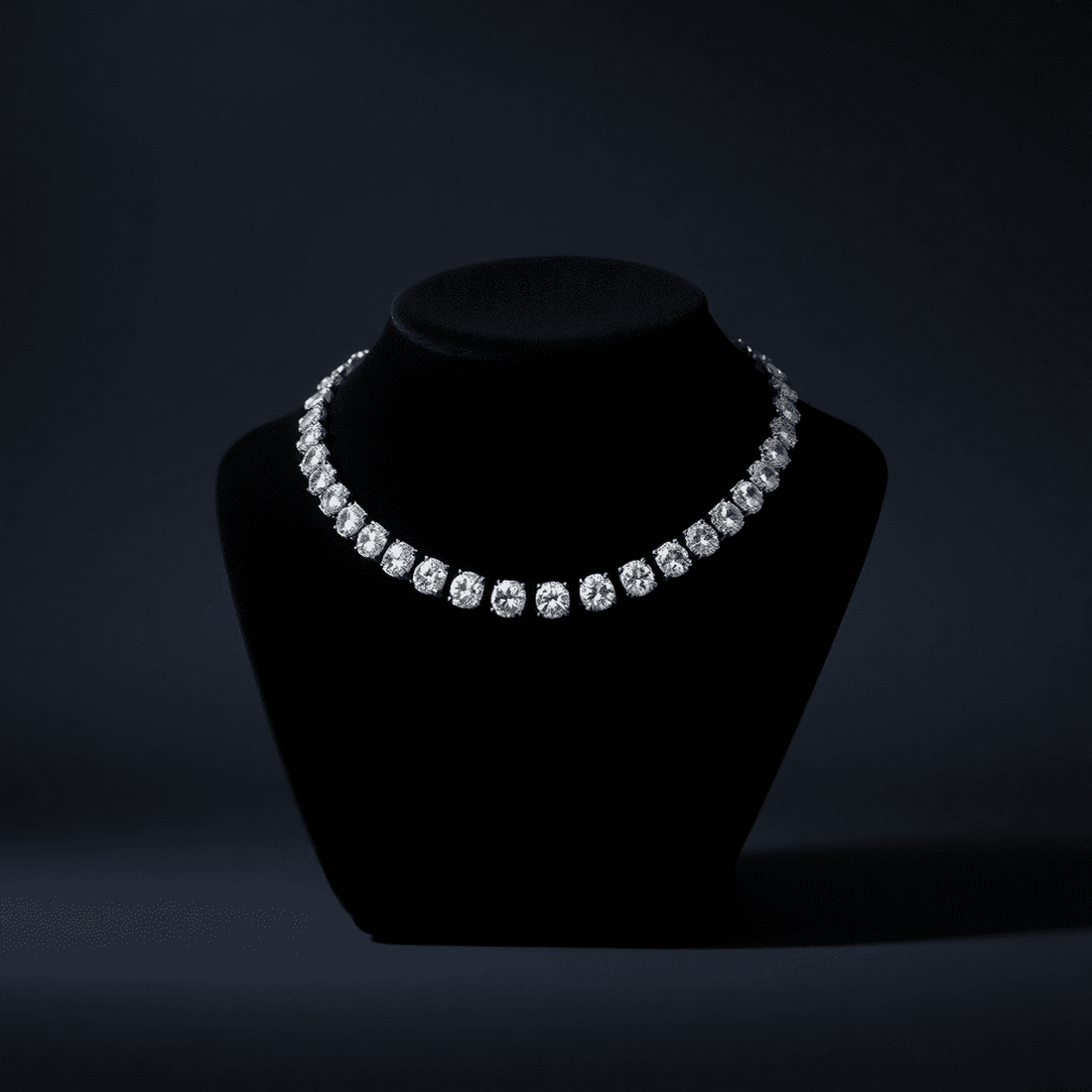 Sparkling diamond tennis necklace on black velvet display, glowing softly against a dark background highlighting its brilliance and elegance.