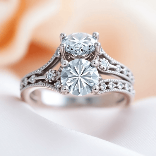 Close-up of a sparkling custom diamond ring with intricate engravings on a soft, elegant background symbolizing love and commitment.