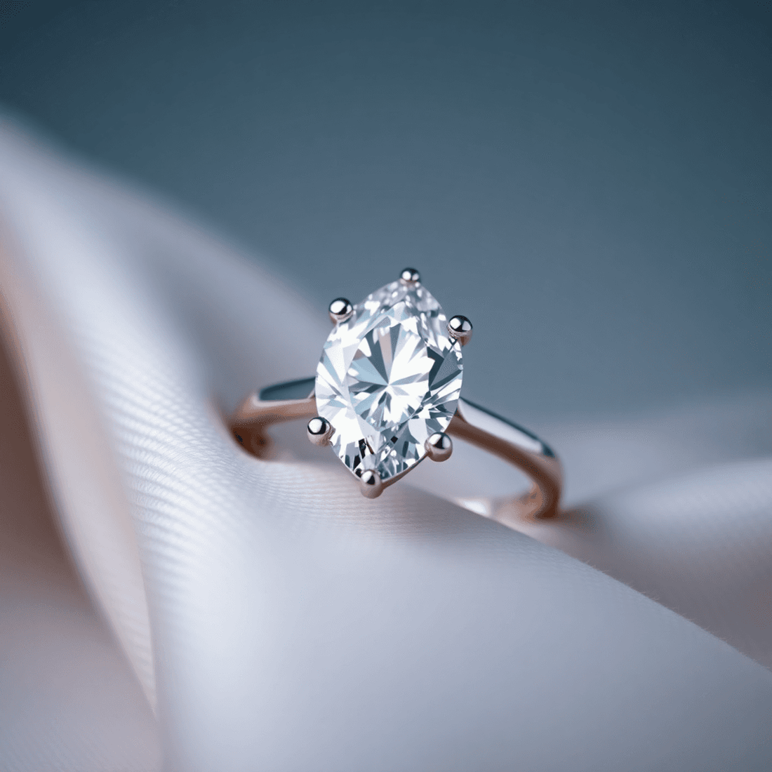 Close-up of a sparkling pear-shaped diamond ring on soft fabric, with gentle lighting highlighting the diamond's brilliance and elegant teardrop shape.