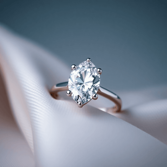 Close-up of a sparkling pear-shaped diamond ring on soft fabric, with gentle lighting highlighting the diamond's brilliance and elegant teardrop shape.