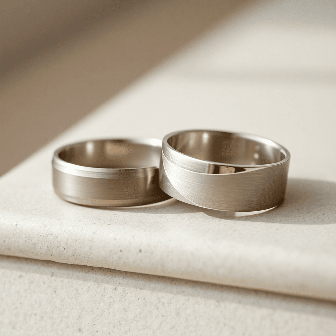 Close-up of two men's wedding bands on a smooth surface, one matte and simple, the other wide and shiny, highlighted by soft natural lighting.