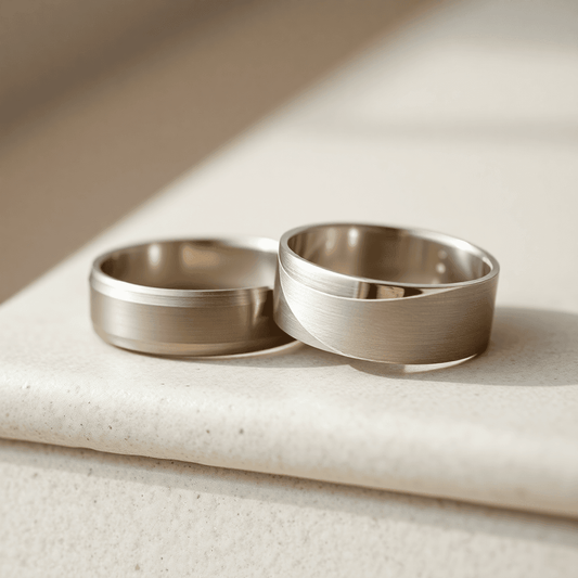 Close-up of two men's wedding bands on a smooth surface, one matte and simple, the other wide and shiny, highlighted by soft natural lighting.