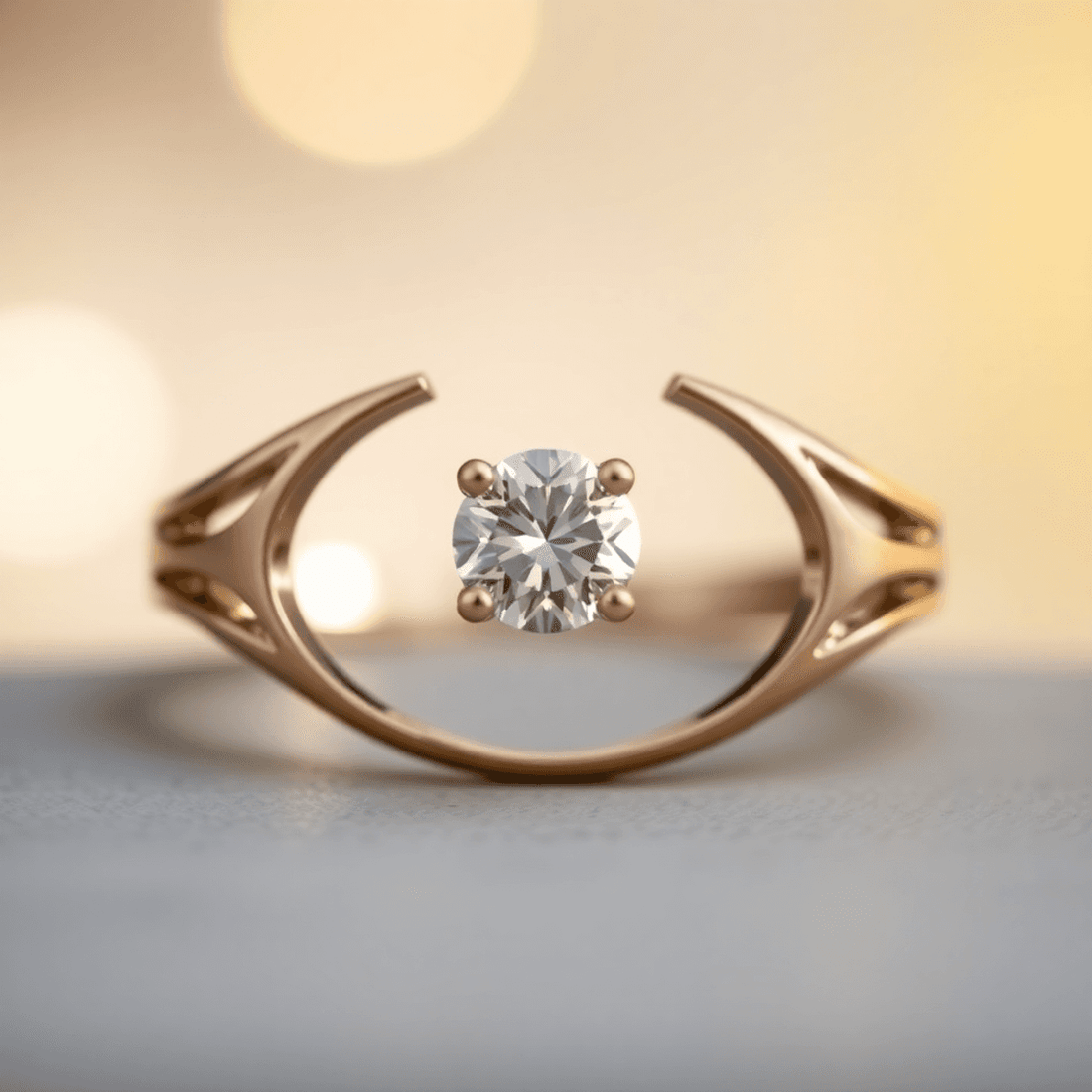 Close-up of an elegant split shank ring with a sparkling center gemstone against a soft, glowing background symbolizing new beginnings.