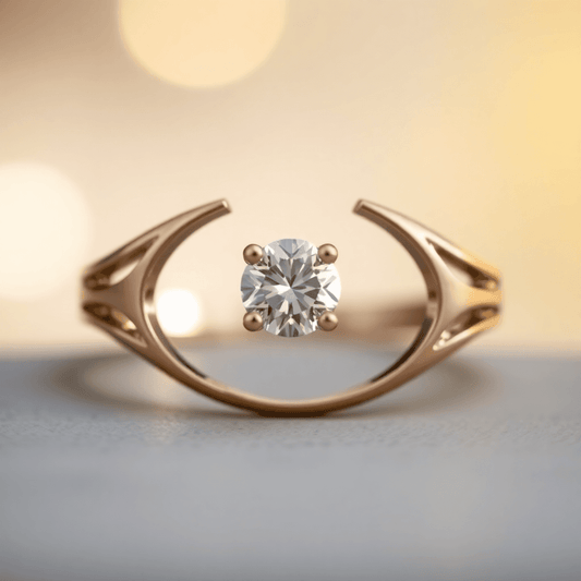 Close-up of an elegant split shank ring with a sparkling center gemstone against a soft, glowing background symbolizing new beginnings.