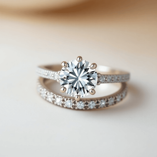 Close-up of a classic solitaire diamond ring with unique prongs, pave diamonds, and milgrain edging on a soft, elegant background.