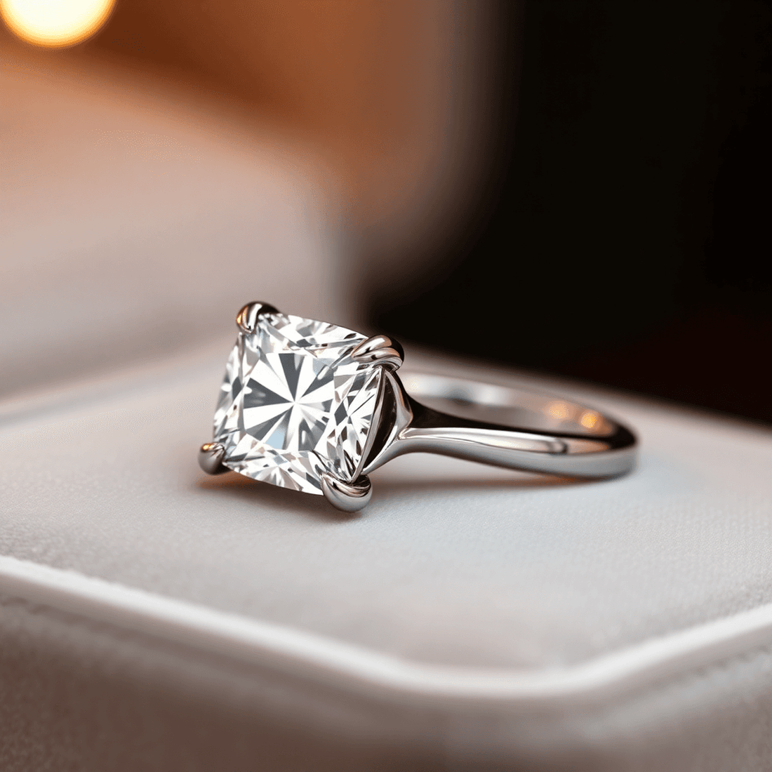 Close-up of a sparkling cushion cut diamond engagement ring in platinum on soft velvet, highlighted by warm lighting showcasing its brilliance and intricate fac