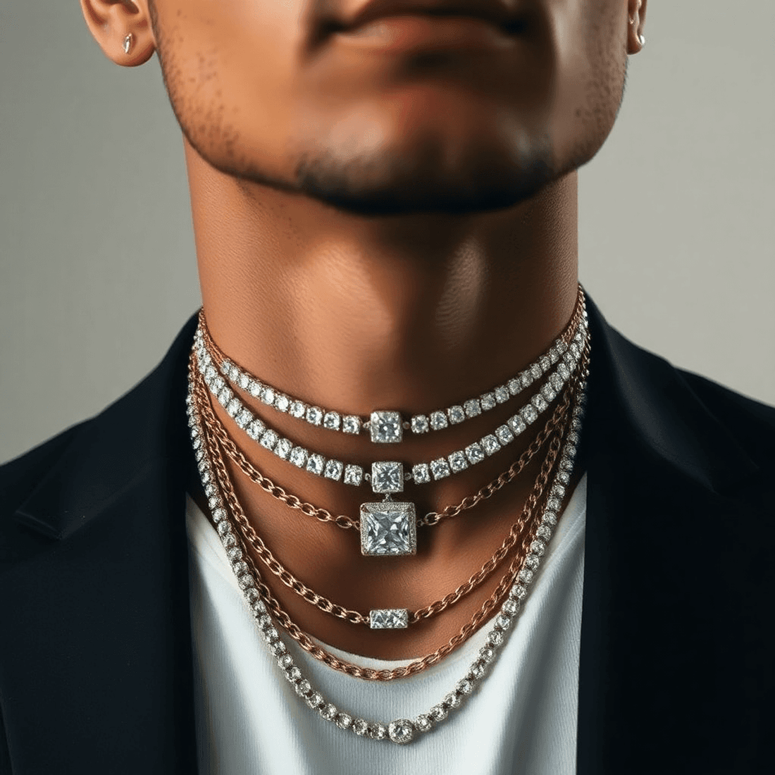 Close-up of a man's neck with layered diamond necklaces in mixed metals, softly lit against a neutral background, showcasing elegant modern men's fashion.